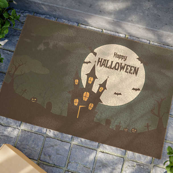 Happy Halloween Anti-Slip Coir Doormat 24" x 16" - Haunting Hallows: Moonlit Gothic Mansion