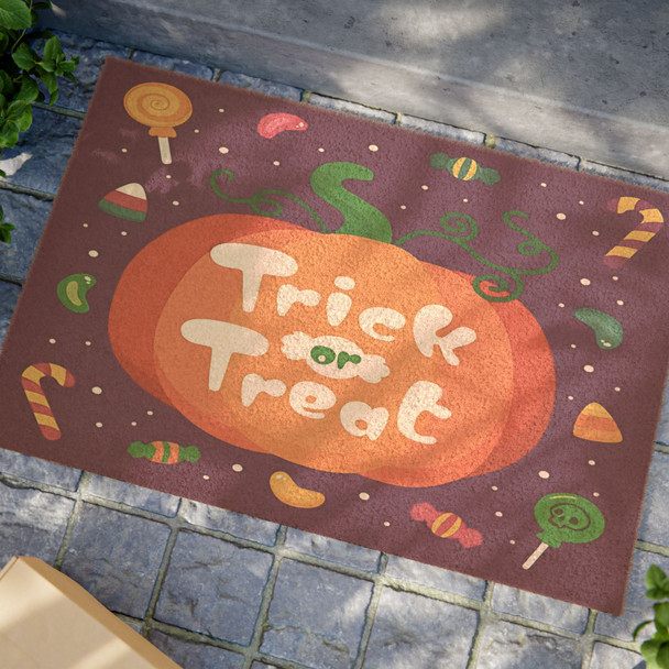 Halloween Anti-Slip Coir Doormat 24" x 16" - Candy Delight: Playful Pumpkin Design