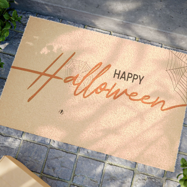 Happy Halloween Anti-Slip Coir Doormat 24" x 16" - Spooky Spiderweb Elegance