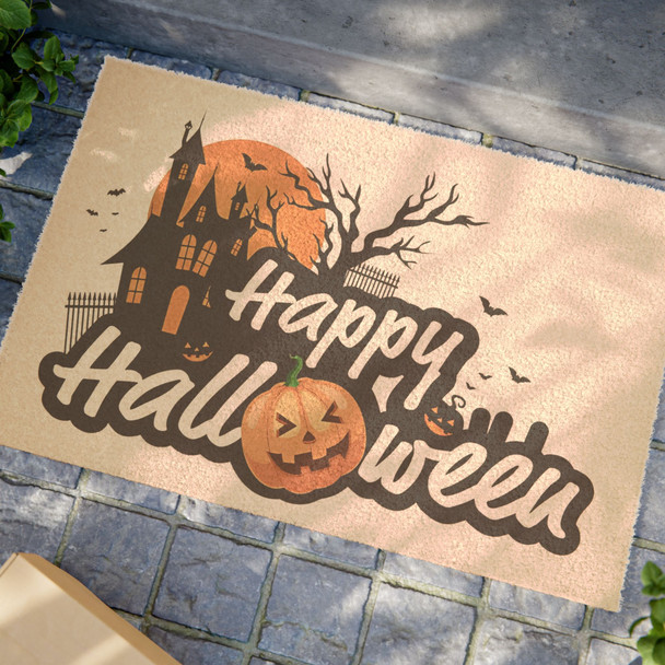 Happy Halloween Anti-Slip Coir Doormat 24" x 16" - Haunted Moonlight