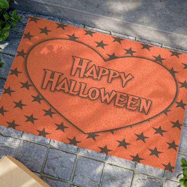 Halloween Anti-Slip Coir Doormat 24" x 16" - Starry Heart Glow: Festive Orange Design Halloween Anti-Slip Coir Doormat 24" x 16" - Starry Heart Glow: Festive Orange Design