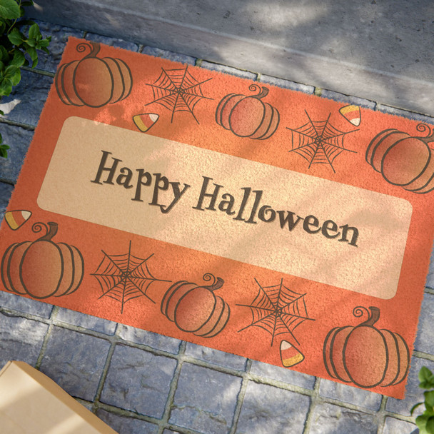 Happy Halloween Anti-Slip Coir Doormat 24" x 16" - Harmony Festive Pumpkin Parade