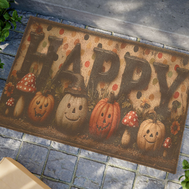 Halloween Anti-Slip Coir Doormat 24" x 16" - Happy Harvest: Whimsical Pumpkin Wonderland