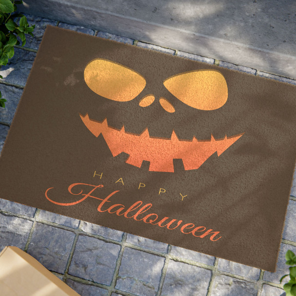 Halloween Anti-Slip Coir Doormat 24" x 16" - Glowing Jack: Halloween Pumpkin Graphic, Minimalist Design
