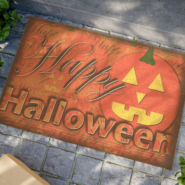 Happy Halloween Anti-Slip Coir Doormat 24" x 16" - Festive Jack-o'-Lantern: Autumn Seasonal Design