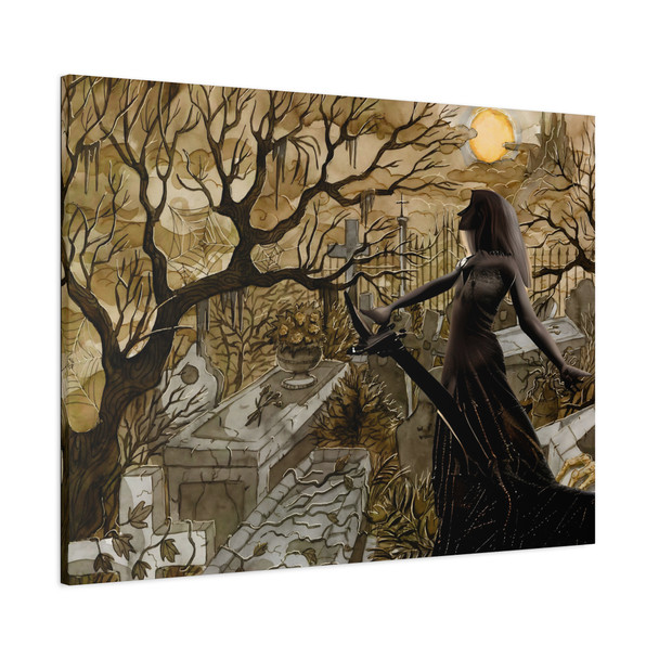 Whispers of Solitude: Large Stretched Canvas Wall Art 40" x 30" - Gothic Graveyard Elegance, Ethereal Watercolor Landscape
