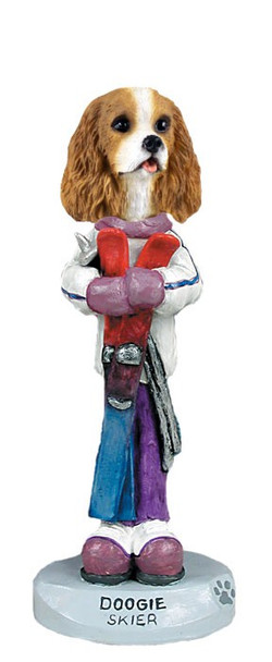 Brown & White Cavalier King Charles Spaniel Skier Doogie Collectible Dog Figurine
