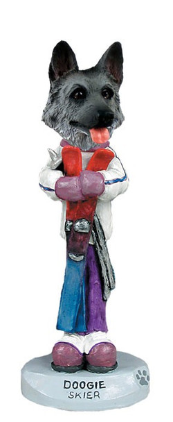 Black & Silver German Shepherd Skier Doogie Collectible Dog Figurine