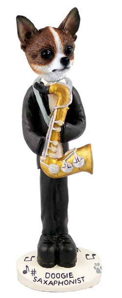 Brindle & White Chihuahua Saxophonist Doogie Collectible Dog Figurine