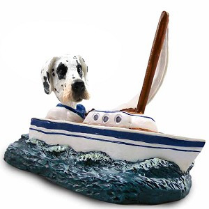 Great Dane (Harelquin Uncropped Ears) Sailboat Doogie Collectible Dog Figurine