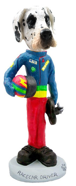 Great Dane (Harelquin Uncropped Ears) Racecar Driver Doogie Collectible Dog Figurine