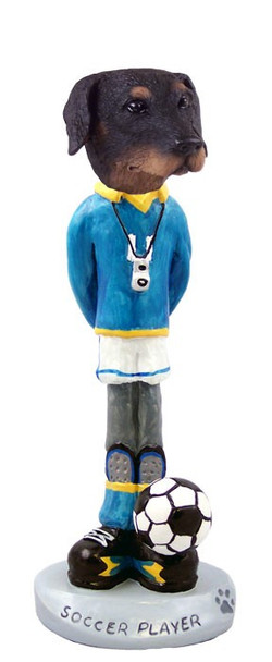Black Doberman Pinscher Uncropped Ears Soccer Doogie Collectible Dog Figurine