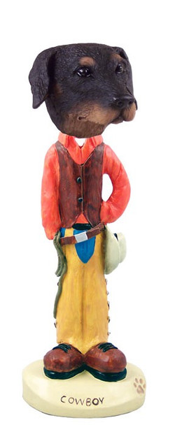 Black Doberman Pinscher Uncropped Ears Cowboy Doogie Collectible Dog Figurine