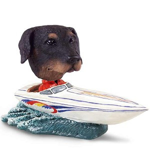 Black Doberman Pinscher Uncropped Ears Motorboat Doogie Collectible Dog Figurine