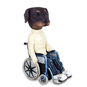 Black Doberman Pinscher Uncropped Ears Wheelchair Doogie Collectible Dog Figurine