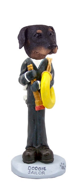 Black Doberman Pinscher Uncropped Ears Sailor Doogie Collectible Dog Figurine