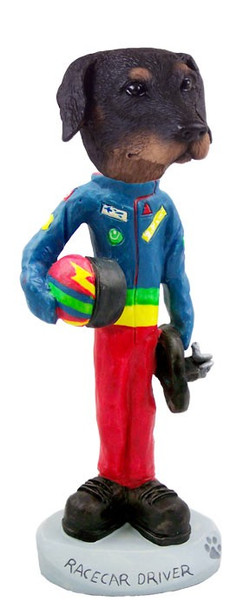 Black Doberman Pinscher Uncropped Ears Racecar Driver Doogie Collectible Dog Figurine