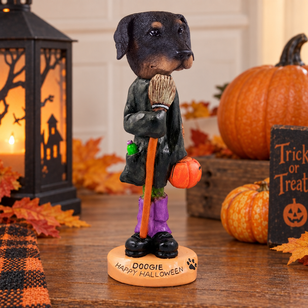 Black Doberman Pinscher Uncropped Ears Happy Halloween Doogie Collectible Dog Figurine
