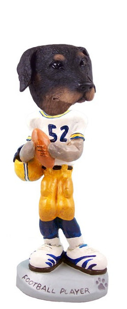 Black Doberman Pinscher Uncropped Ears Football Player Doogie Collectible Dog Figurine