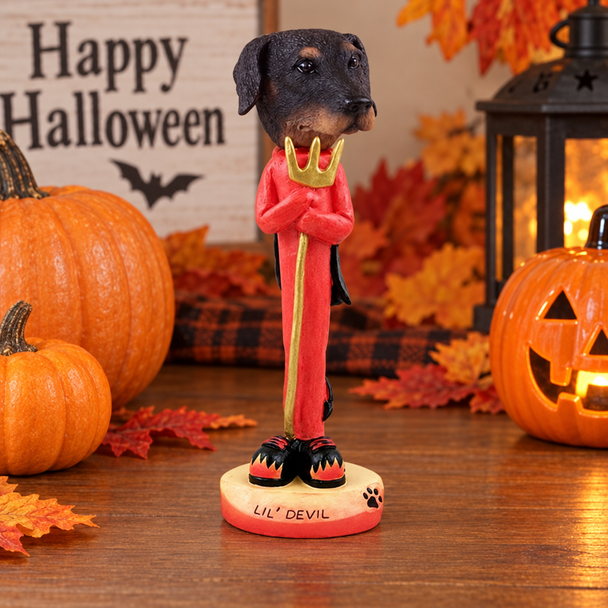 Black Doberman Pinscher Uncropped Ears Lil Devil Doogie Collectible Dog Figurine