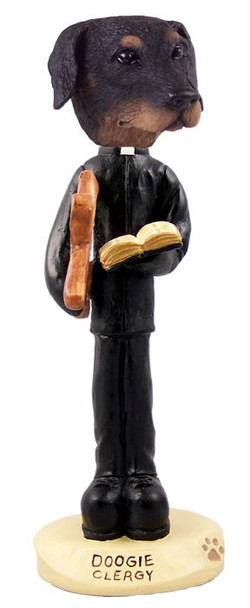 Black Doberman Pinscher Uncropped Ears Clergy Doogie Collectible Dog Figurine
