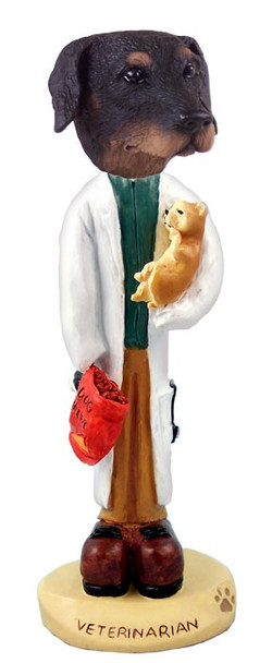 Black Doberman Pinscher Uncropped Ears Veterinarian Doogie Collectible Dog Figurine