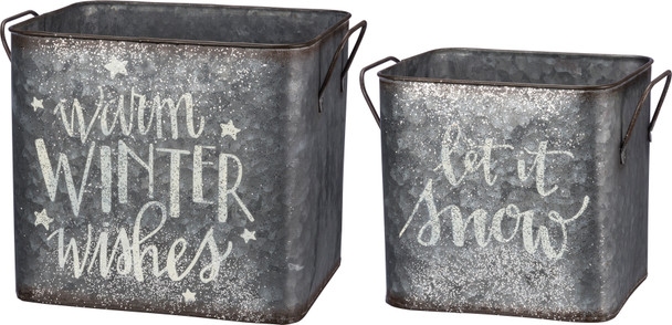 Set of 2 Decorative Metal Storage Bins (Let It Snow & Warm Winter Wishes) from Primitives by Kathy