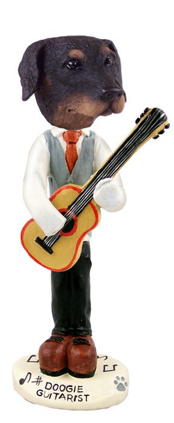 Black Doberman Pinscher Uncropped Ears Guitarist Doogie Collectible Dog Figurine