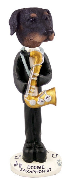 Black Doberman Pinscher Uncropped Ears Saxophonist Doogie Collectible Dog Figurine