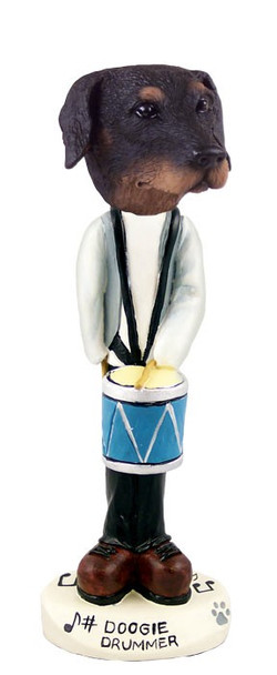 Black Doberman Pinscher Uncropped Ears Drummer Doogie Collectible Dog Figurine
