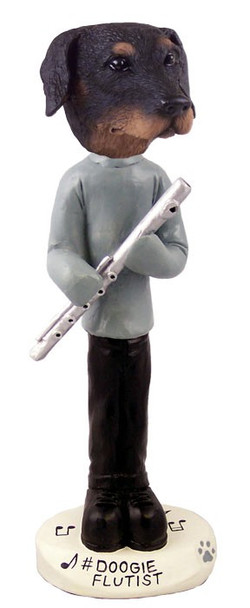 Black Doberman Pinscher Uncropped Ears Flutist Doogie Collectible Dog Figurine