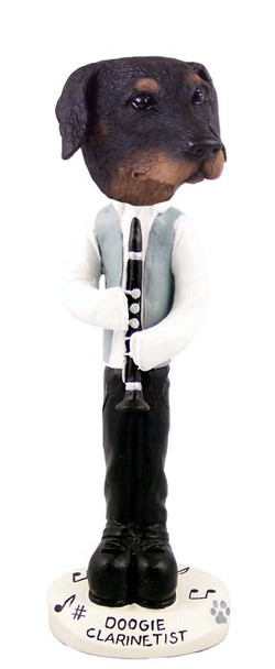 Black Doberman Pinscher Uncropped Ears Clarinetist Doogie Collectible Dog Figurine