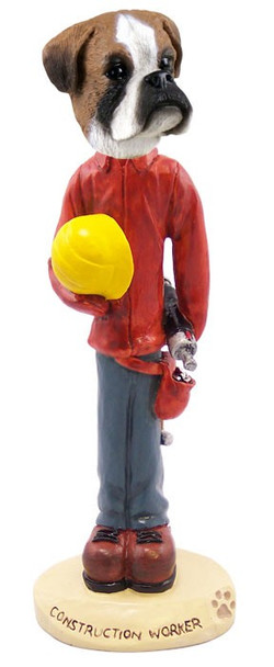 Boxer (Uncropped Ears) Construction Worker Doogie Collectible Dog Figurine
