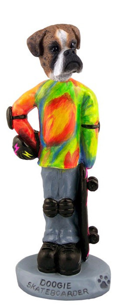 Brindle Boxer Uncropped Ears Skateboarder Doogie Collectible Dog Figurine