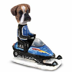 Brindle Boxer Uncropped Ears Snowmobile Doogie Collectible Dog Figurine