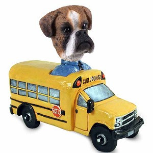 Brindle Boxer Uncropped Ears School Bus Doogie Collectible Dog Figurine