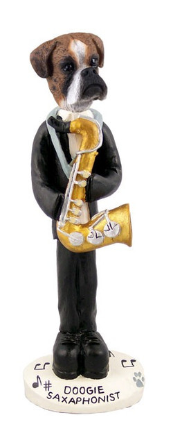 Brindle Boxer Uncropped Ears Saxophonist Doogie Collectible Dog Figurine