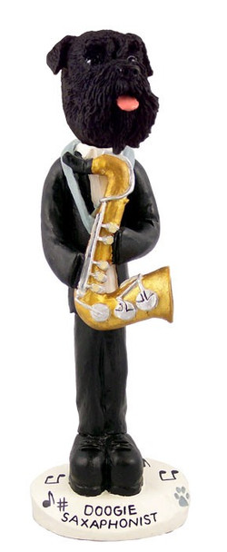 Black Schnauzer Uncropped Ears Saxophonist Doogie Collectible Dog Figurine