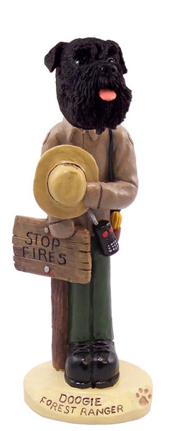 Black Schnauzer Uncropped Ears Forest Ranger Doogie Collectible Dog Figurine
