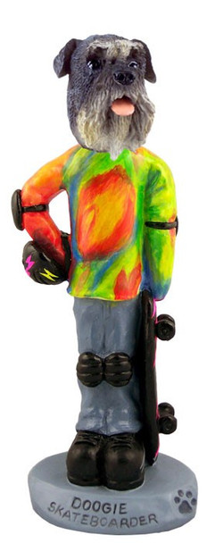 Gray Schnauzer Uncropped Ears Skateboarder Doogie Collectible Dog Figurine