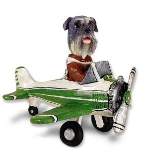 Gray Schnauzer Uncropped Ears Airplane Doogie Collectible Dog Figurine