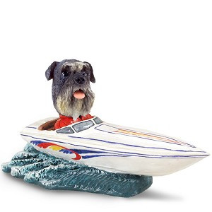 Gray Schnauzer Uncropped Ears Motorboat Doogie Collectible Dog Figurine