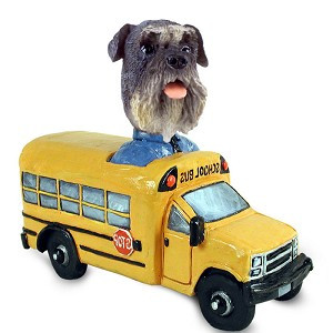 Gray Schnauzer Uncropped Ears School Bus Doogie Collectible Dog Figurine