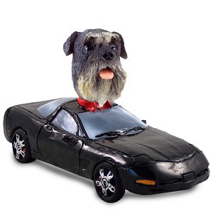 Gray Schnauzer Uncropped Ears Sports Car Doogie Collectible Dog Figurine