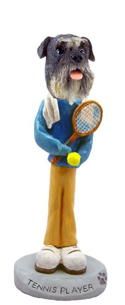 Gray Schnauzer Uncropped Ears Tennis Player Doogie Collectible Dog Figurine