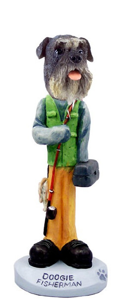 Gray Schnauzer Uncropped Ears Fisherman Doogie Collectible Dog Figurine