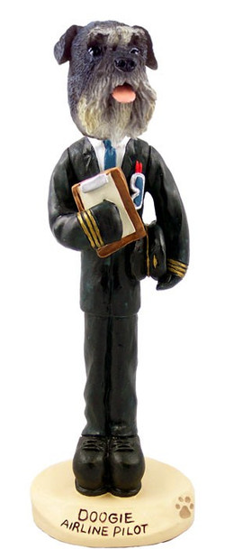 Gray Schnauzer Uncropped Ears Airline Pilot Doogie Collectible Dog Figurine