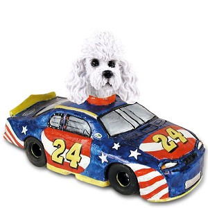 White Poodle with Sport Cut Race Car Doogie Collectible Dog Figurine