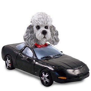 Gray Poodle with Sport Cut Sports Car Doogie Collectible Dog Figurine