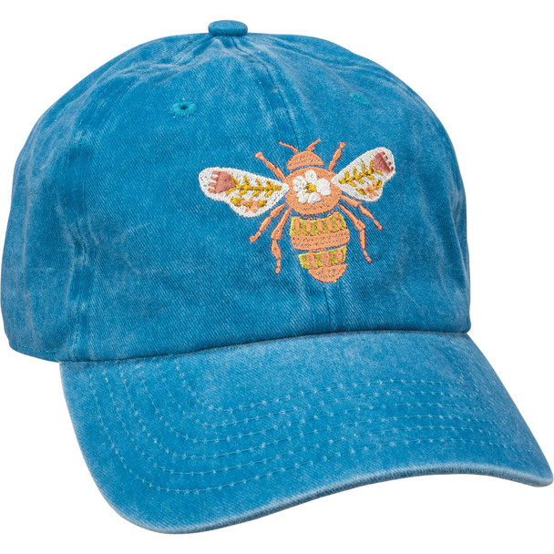 Adjustable Cotton Baseball Cap - Bumblebee Stitched Bee Happy - Blue from Primitives by Kathy